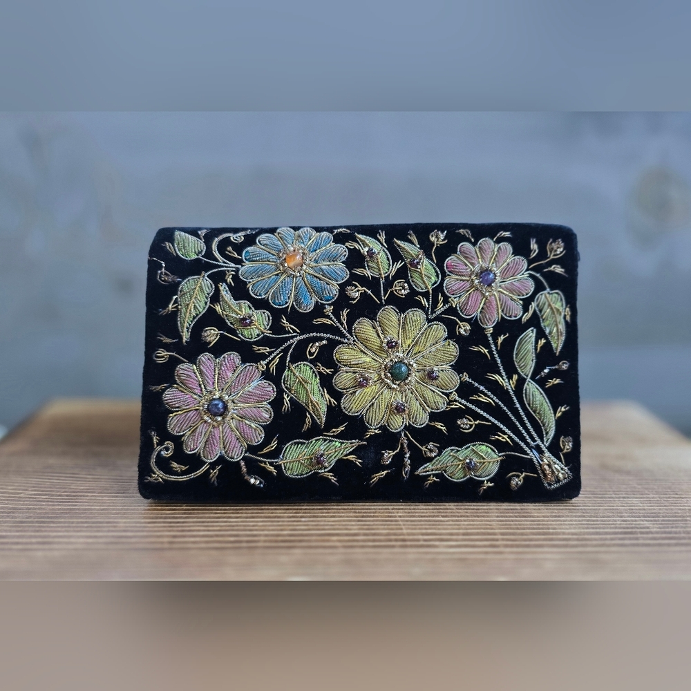 Vintage SUDHA Embroidered Black Velvet Clutch